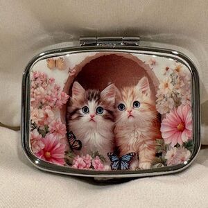 Floral Cats Travel Pill Box 2 Compartment Decorative Medicine Pill Case NEW